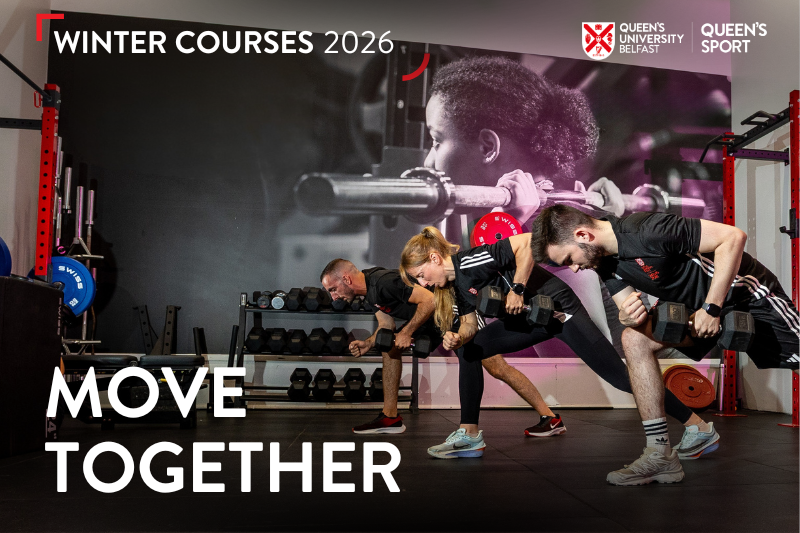 Three people, training staff, taking part in gym exercise in a weights room. Text over the image reads 'Winter Courses 2026 / Moving Together' and the Queen's Sport branding also appears.